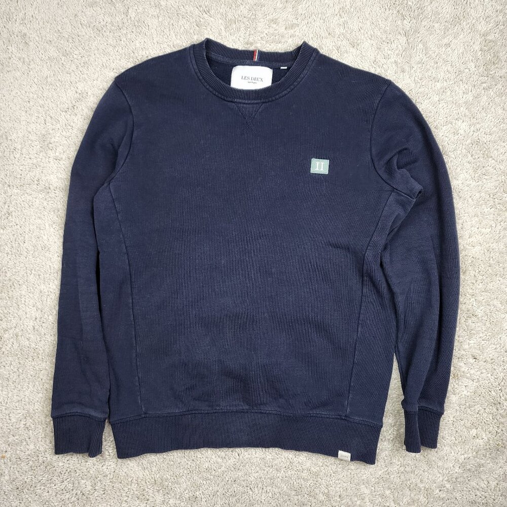 Les Deux Copenhague Designer Sweater Crewneck Mens Small Navy Blue USA Casual EU